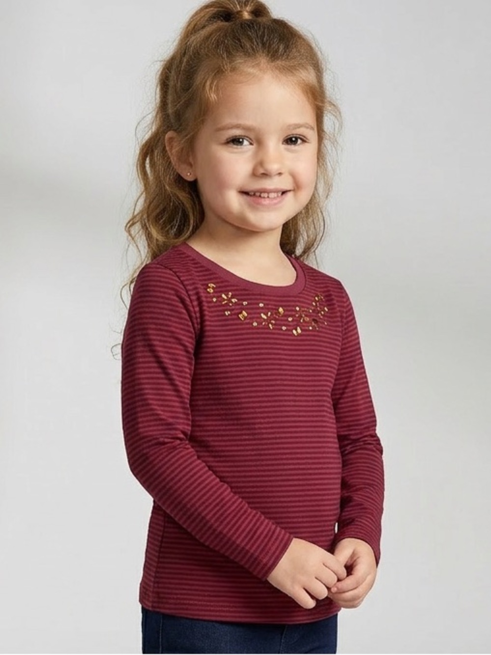 Cherokee Burgundy Striped Long-Sleeve Tee with Gold Detail